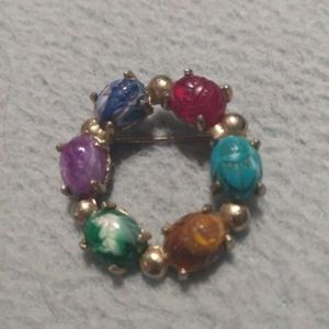 Vintage scarab brooch gold tone and marble glass